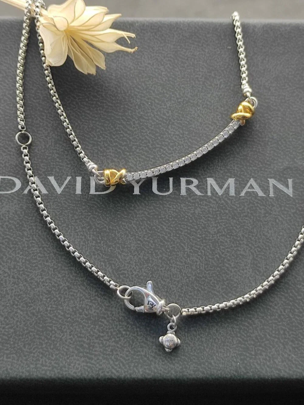 David Yurman Two-Tone Diamond Curved Bar Necklace in Silver and Gold